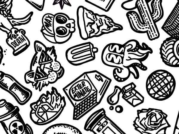 A collection of random items drawn in an American traditional tattoo style.