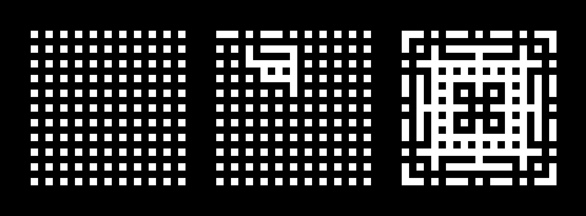 Three Graxel grids showing pattern generation: left shows the base grid, middle shows 1/8 randomly filled, right shows the pattern mirrored across the grid