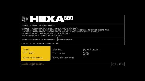 HexaBeat homescreen. The title uses an extra-wide font and offers many music sets to choose from.