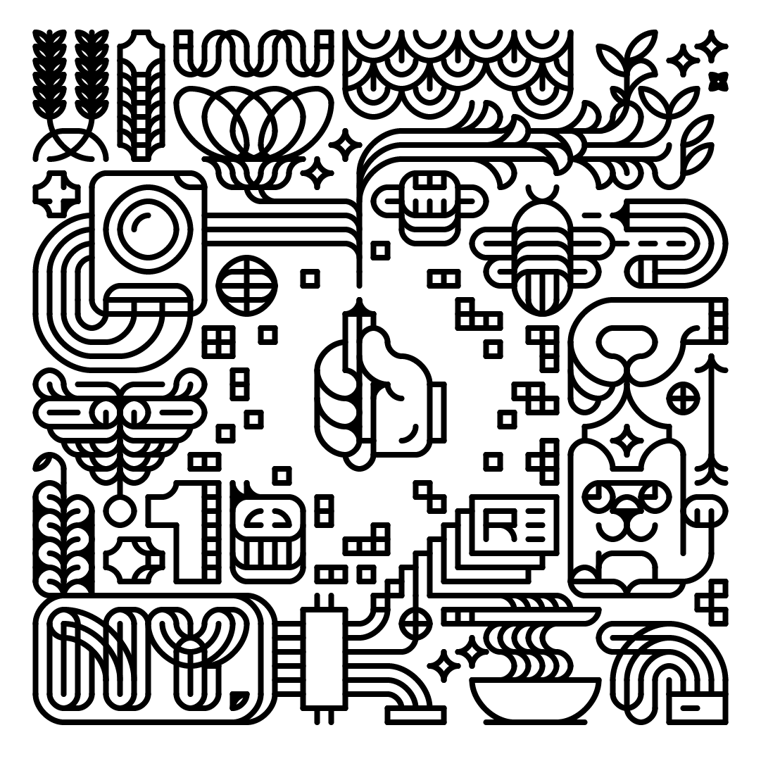 Minimator’s default illustration, shown as a preset when the app is opened for the first time. It demonstrates the editor’s capabilities and features a large doodle filled with random objects: a Polaroid camera, a cat, a bowl of ramen, a New York sign, ivy, and the Minimator logo—a hand holding a pen—at the center.