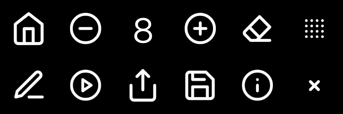 Mosaic of the editor tools: line thickness, home, export, replay, and more, all from the Lucide icon library.