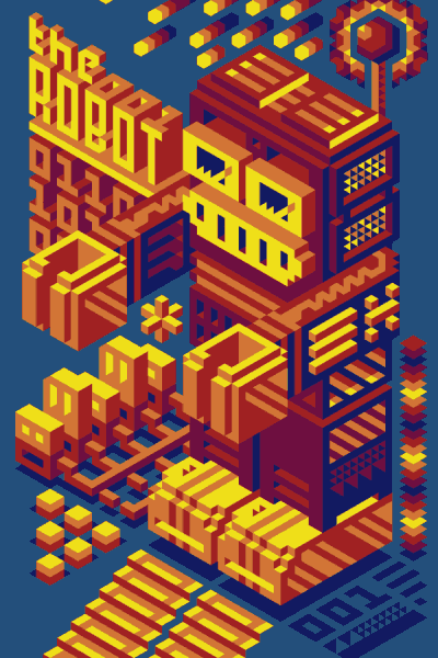 Same robot illustration again, with a purple color palette.