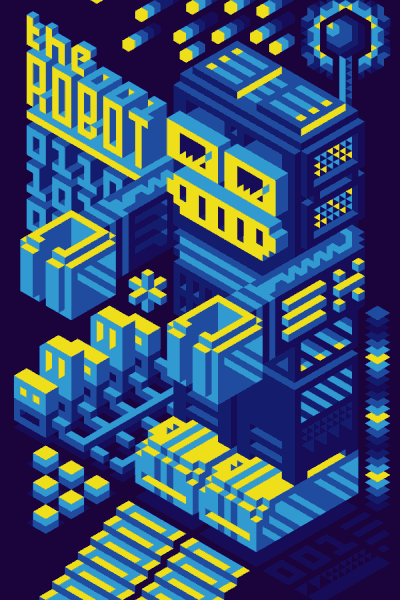 Same robot illustration as before, with a darker color palette.