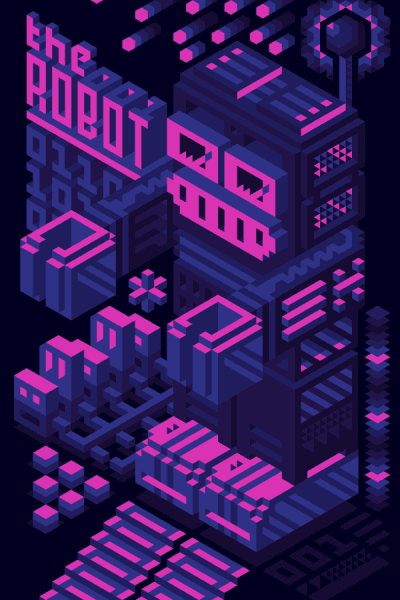 Robot illustration made with Triangulart. It represents a gigantic vintage robot with many details and a couple of random items around. The color palette transitions from warm to cool colors.