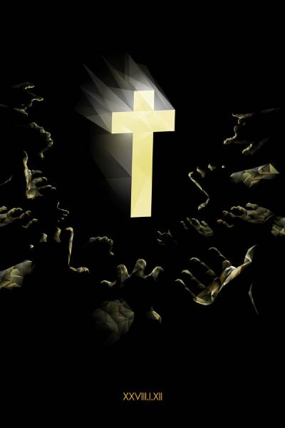 Illustration of the Justice world tour intro, with the illuminated cross lighting up as the crowd moves forward to touch it.